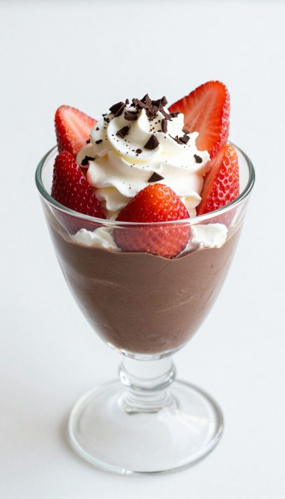 Strawberry chocolate mousse parfait in a clear glass with whipped cream and chocolate shavings