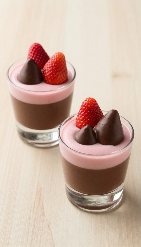 Two glasses of chocolate-dipped strawberry mousse with fresh berries on top