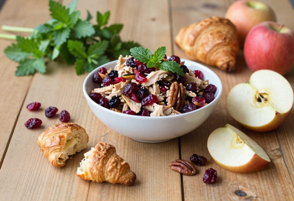 Bowl of cranberry chicken salad with croissant, nuts, and apple slices on wooden table