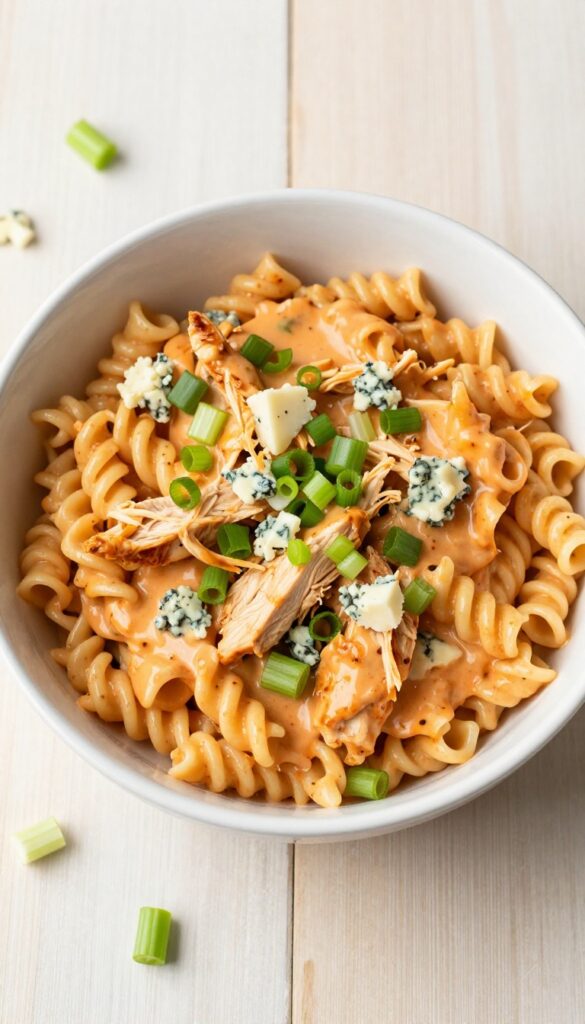 Buffalo chicken pasta salad with blue cheese and celery in a white bowl on a wooden table