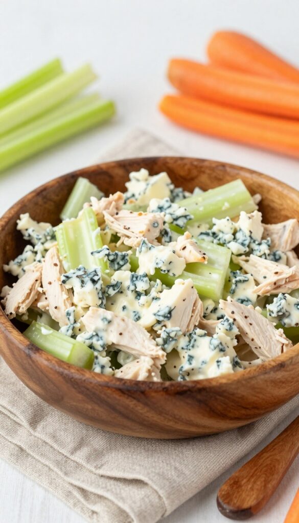Buffalo chicken salad in a bowl with blue cheese, celery, and carrots