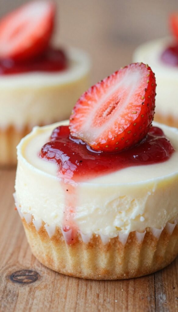 Strawberry cheesecake cupcake with graham cracker crust, creamy cheesecake, strawberry jam swirl, and fresh strawberry garnish.