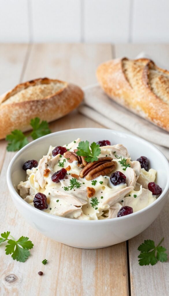 Creamy chicken salad with cranberries and pecans in a white bowl, garnished with fresh herbs, on a wooden table with bread.