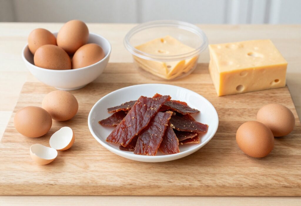 Assorted carnivore diet snacks on a wooden board including cheese, jerky, eggs, and pork rinds.