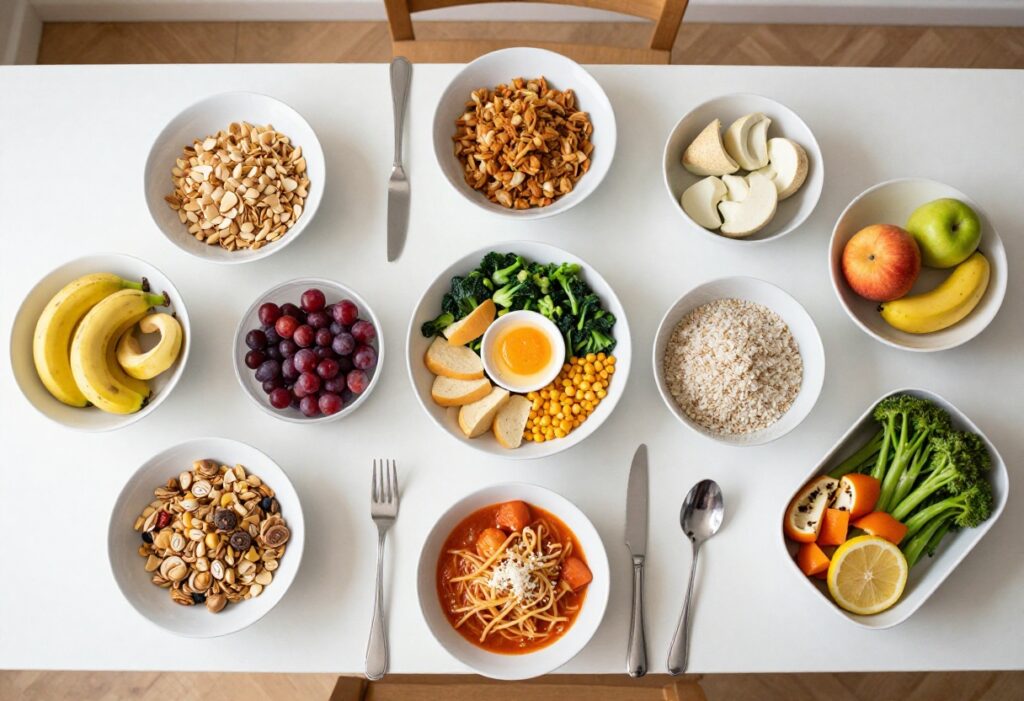 High-fiber foods arranged on a wooden table including oatmeal, quinoa salad, almonds, apple, and water.