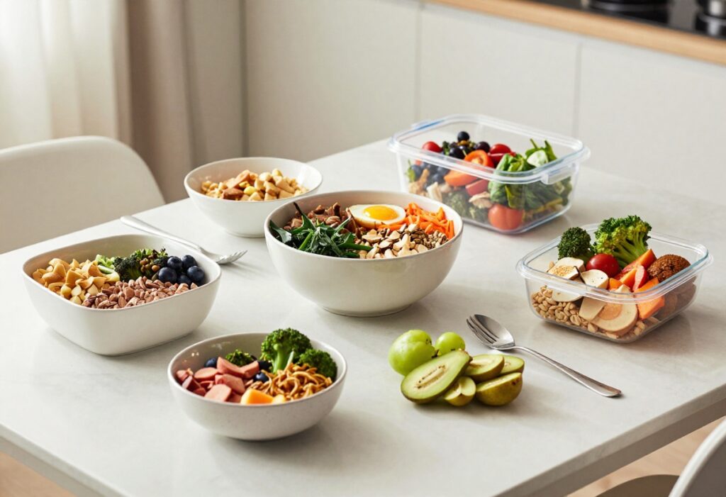 Balanced prediabetes meal with chicken, quinoa, vegetables, and berries on a wooden table.