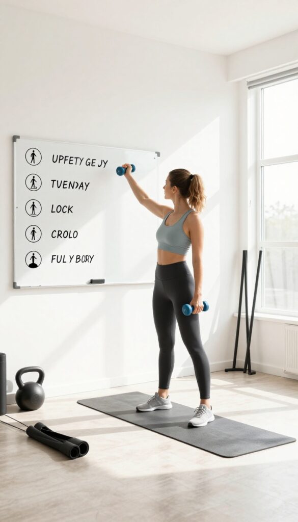 Woman in home gym with a weekly workout schedule on a whiteboard, dumbbell and water bottle in hand, bright natural light.