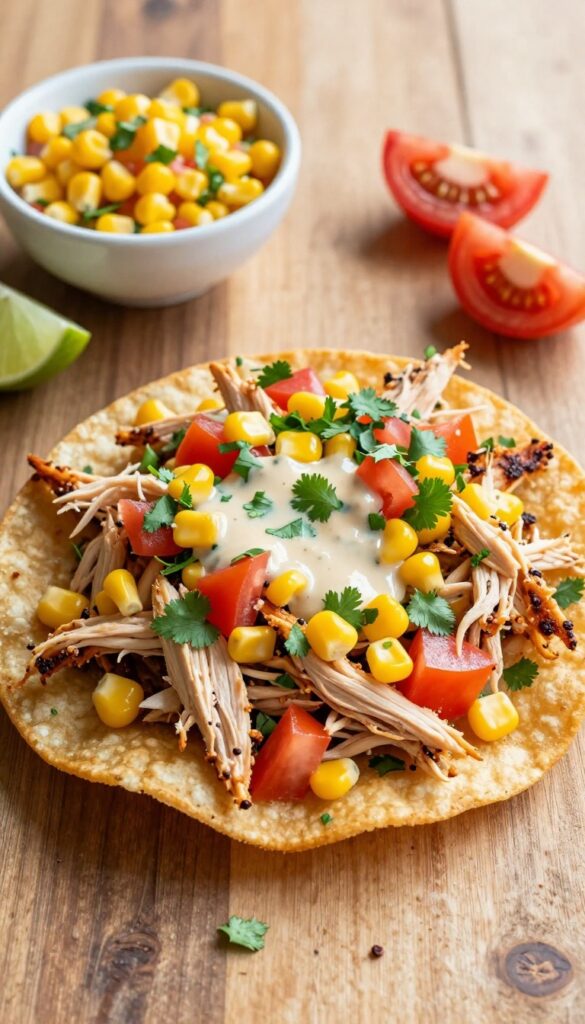 Crispy tostada topped with spicy chipotle chicken salad, corn, tomatoes, and cilantro on a wooden table.
