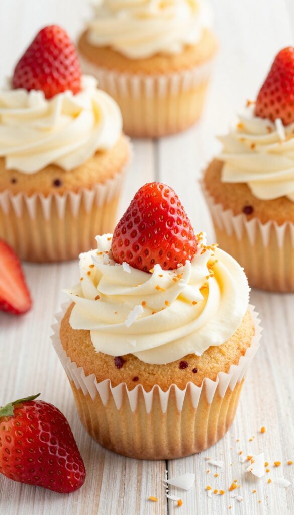 Strawberry coconut cupcake with toasted coconut buttercream frosting on a wooden table