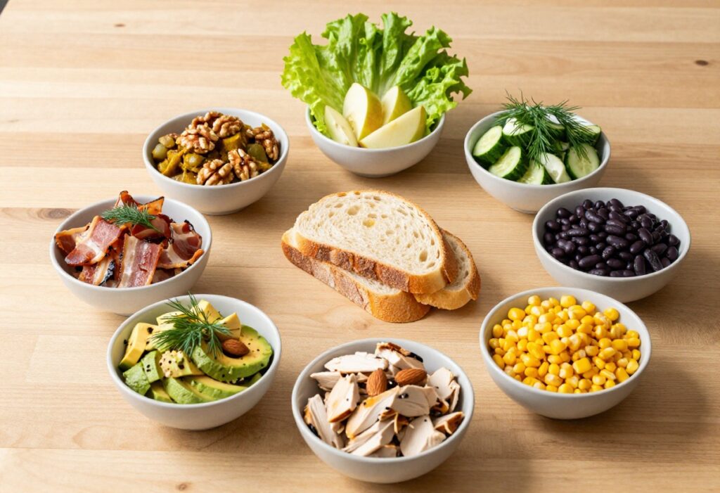 Seven bowls of homemade chicken salad variations on a wooden table, with bread and lettuce.