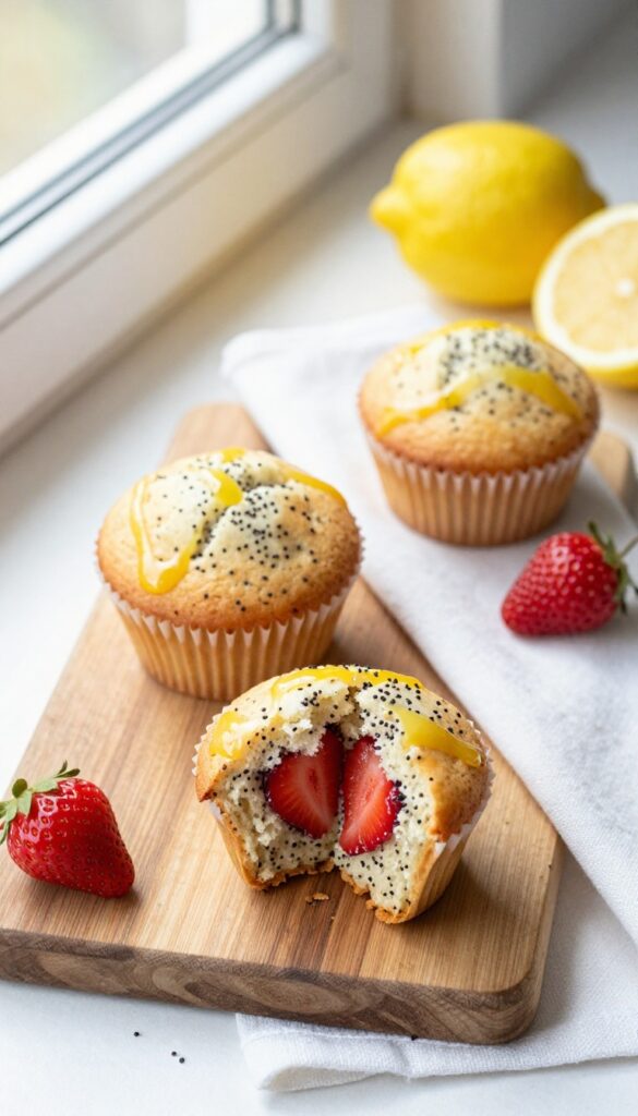 Strawberry lemon poppy seed muffins with lemon glaze on a wooden board with fresh strawberries and lemon.