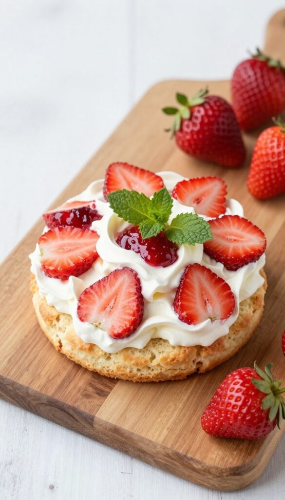 Classic strawberry shortcake with whipped cream on a wooden table