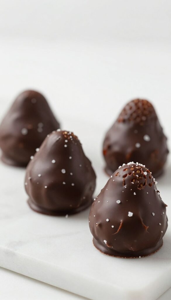 Dark chocolate truffle strawberries with sea salt on white marble