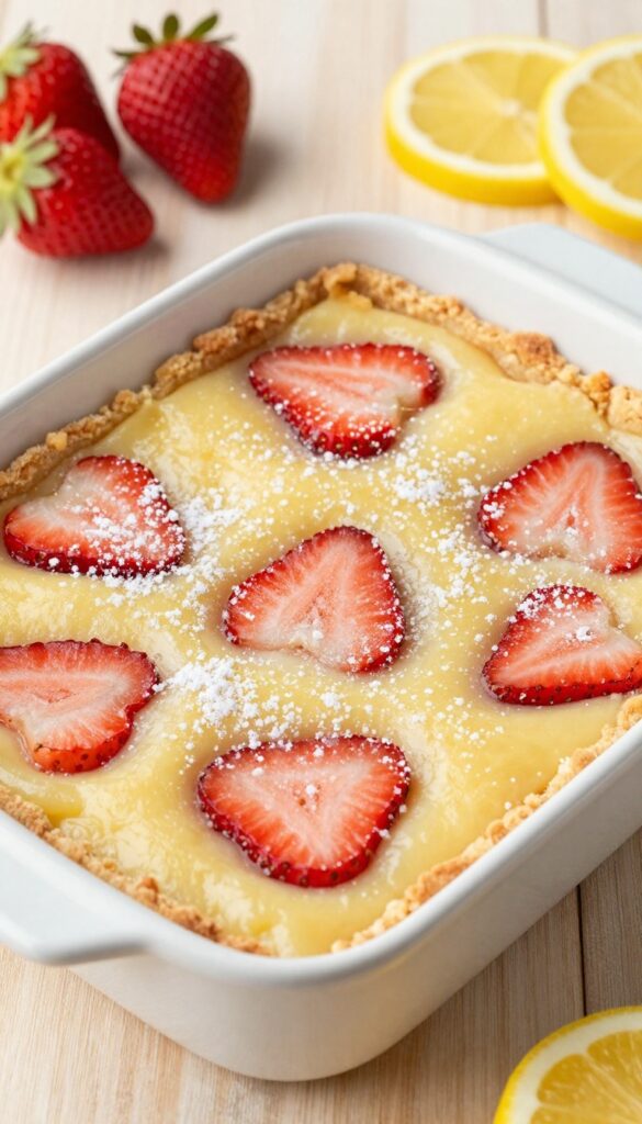 Freshly baked strawberry lemon bars in a white ceramic dish with strawberry swirls and powdered sugar, surrounded by fresh strawberries and lemon slices.