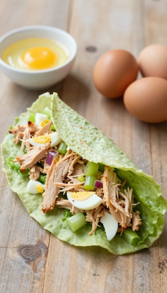 Lettuce wrap filled with creamy chicken and egg salad on a wooden table