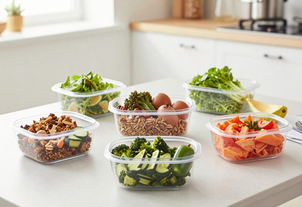 Healthy 1600 calorie meal plan featuring breakfast, lunch, and snack on a wooden table.