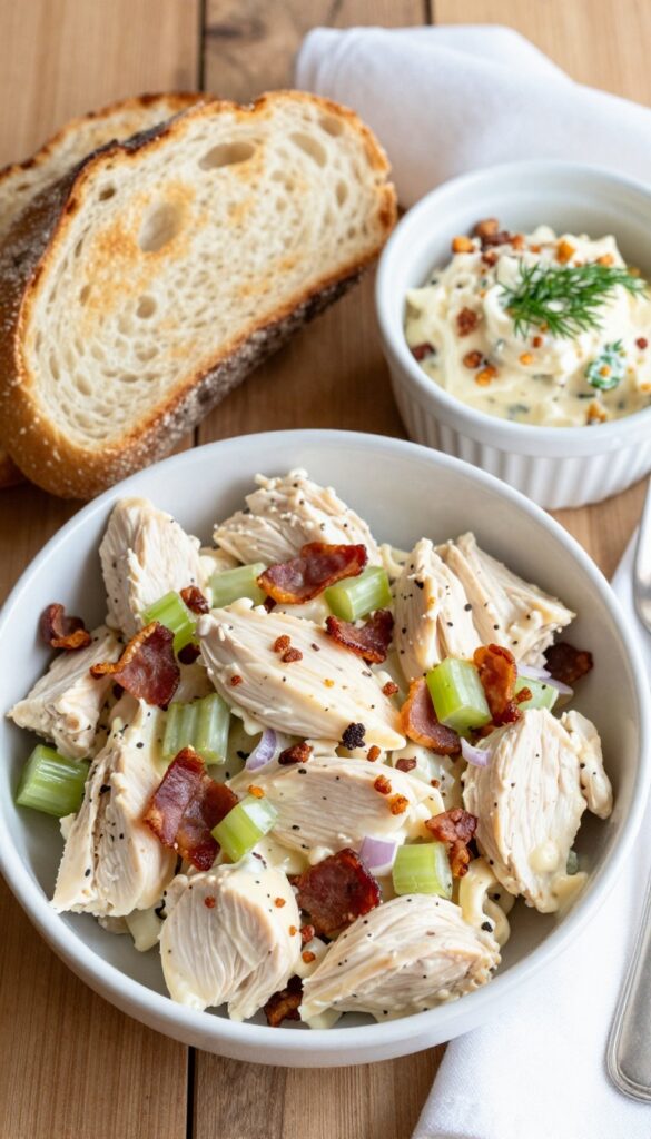 Creamy bacon ranch chicken salad in a bowl with toasted sourdough bread and bacon crumbles on a wooden table.