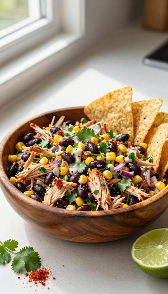 Spicy Southwest chicken salad with black beans and corn in a wooden bowl, garnished with cilantro and lime, tortilla chips on the side.
