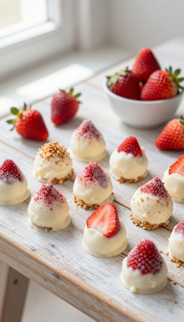 No-bake strawberry cheesecake truffles coated in white chocolate and graham cracker crumbs on a wooden table.