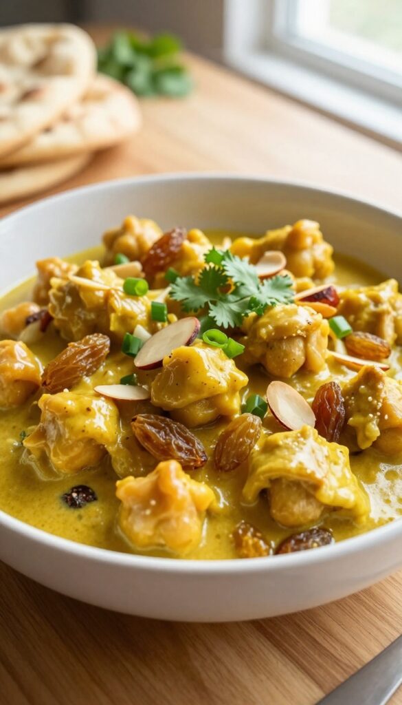 A bowl of curry chickpea chicken salad with raisins and almonds, garnished with cilantro and green onions, on a wooden table with soft natural light.