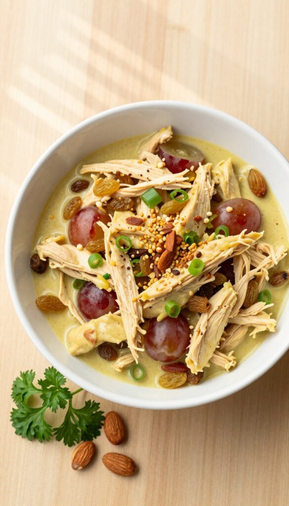 Bowl of curry chicken salad with red grapes, golden raisins, and toasted almonds on a wooden table.