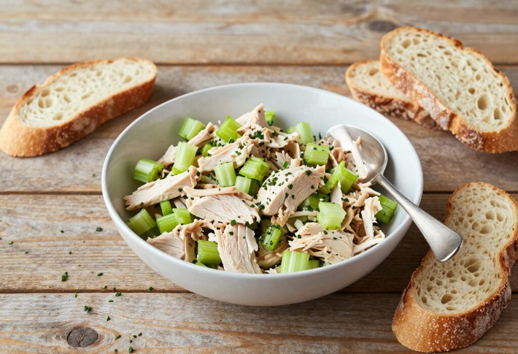 Bowl of creamy chicken salad with bread and fresh ingredients on a wooden table