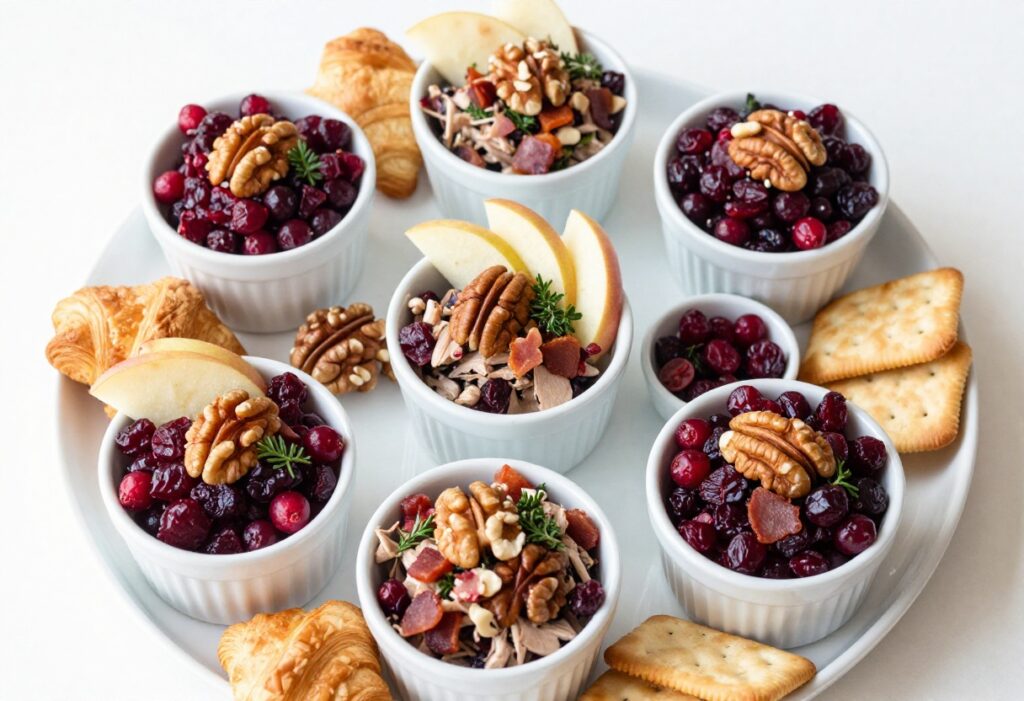 Six bowls of cranberry chicken salad with various toppings on a platter with croissants and crackers.