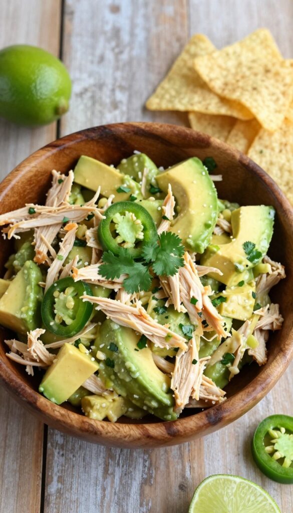 Avocado chicken salad with jalapeño and cilantro in a wooden bowl with tortilla chips and lime wedge.
