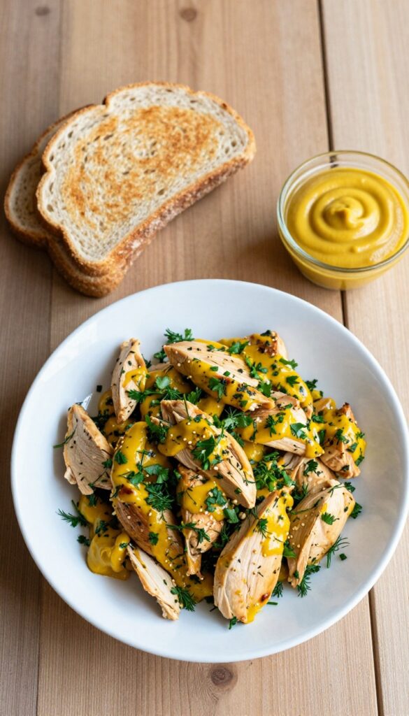 Mustard-herb chicken salad in a white bowl on a wooden table with toast and mustard.