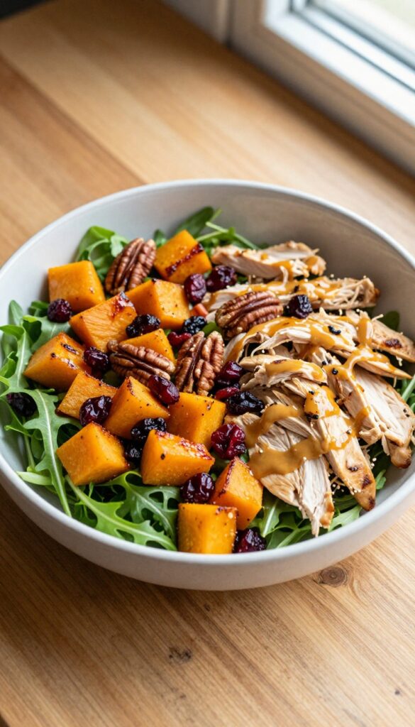 Warm honey mustard chicken salad with roasted butternut squash, pecans, and cranberries on mixed greens in a bowl on a wooden table.