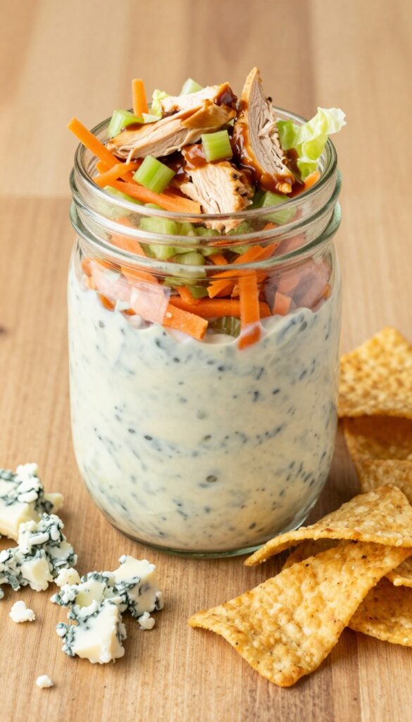 Mason jar salad with layers of ranch dressing, carrots, celery, buffalo chicken, and romaine lettuce.