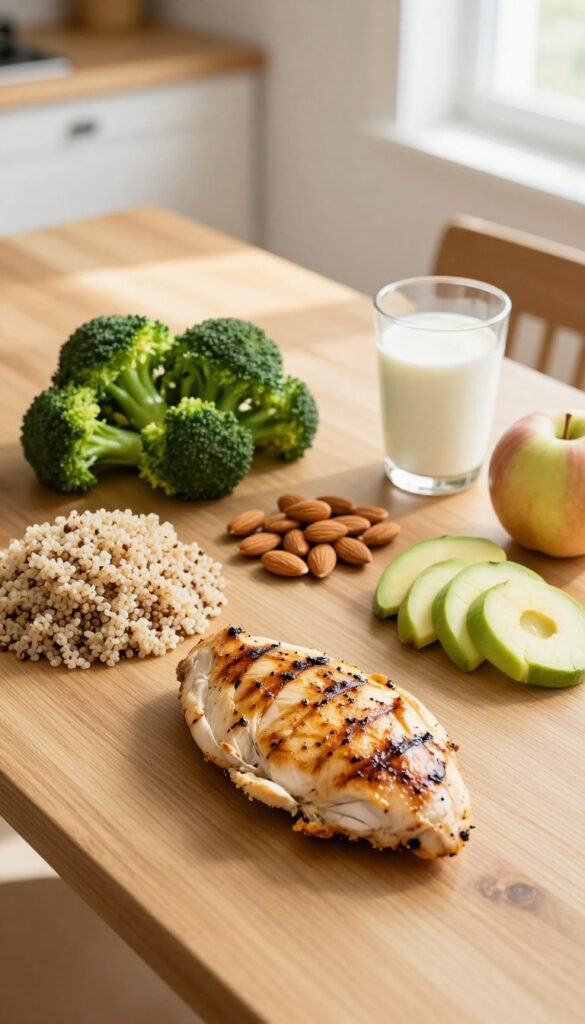 Overhead view of whole foods on a wooden table including chicken, quinoa, broccoli, avocado, almonds, milk, and apple in natural light.