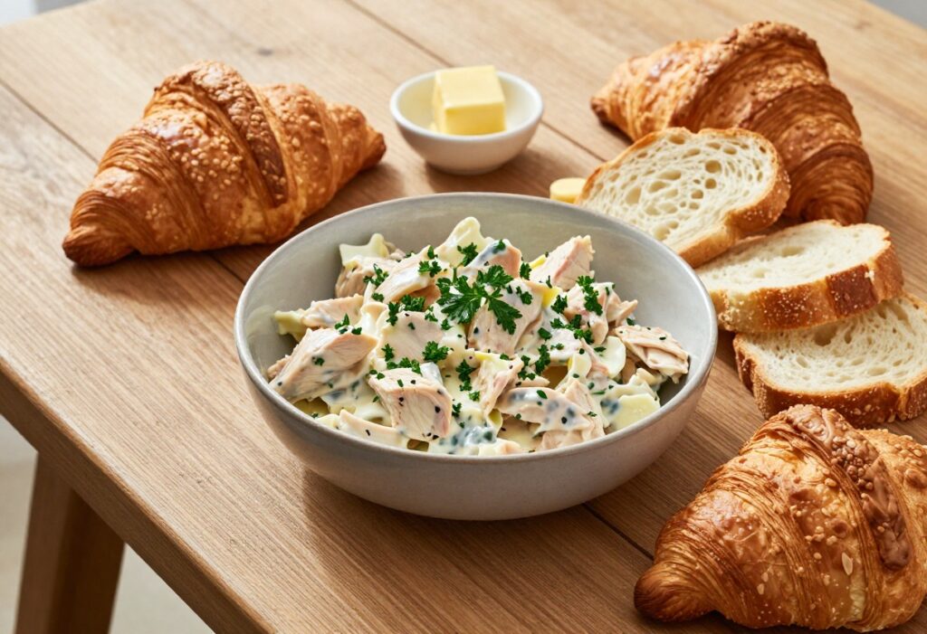 Bowl of Southern chicken salad with bread, croissants, and crackers on a wooden table