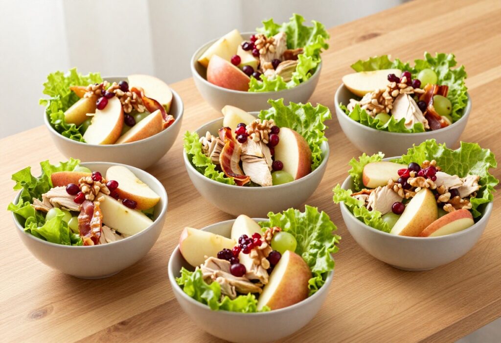 Seven bowls of chicken salad with apples, each with different toppings, on a wooden table.
