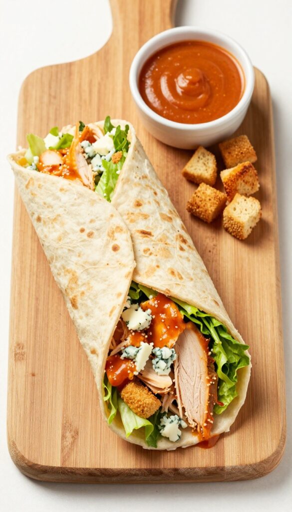 Spicy Buffalo chicken Caesar wrap cut in half on a wooden board with blue cheese crumbles and croutons.