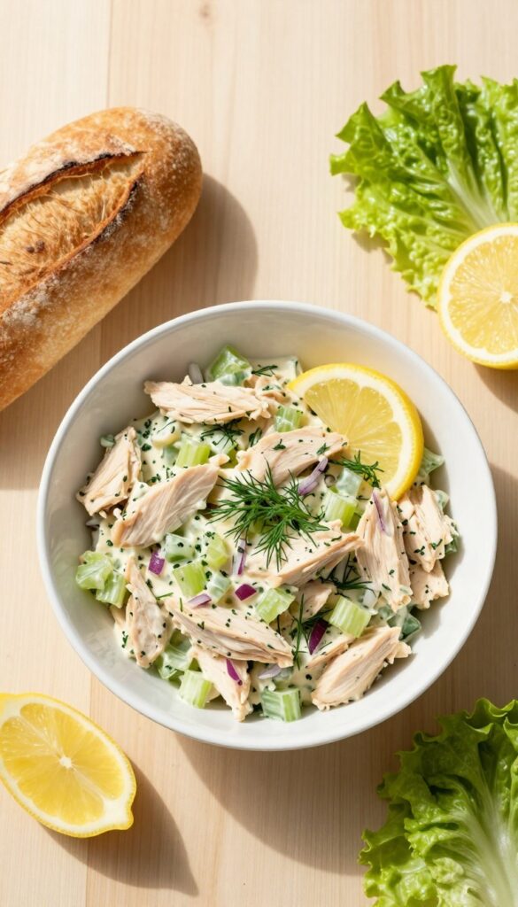 Bowl of zesty lemon herb chicken salad with fresh dill, served with lettuce cups and a crusty roll on a wooden table.