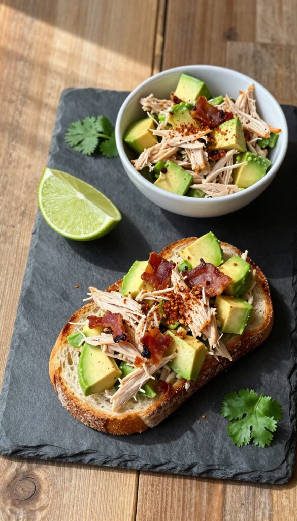 Smoky bacon and avocado chicken salad on toasted sourdough bread, with extra salad in a bowl, lime wedge, and cilantro on a rustic wooden table.