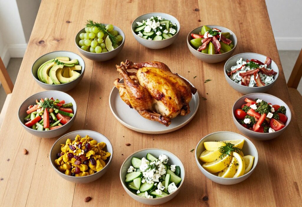 Eight bowls of rotisserie chicken salad with various mix-ins arranged around a whole rotisserie chicken on a wooden table.