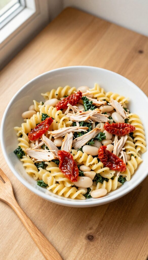 Tuscan chicken pasta salad with white beans and kale in a white bowl on a wooden table
