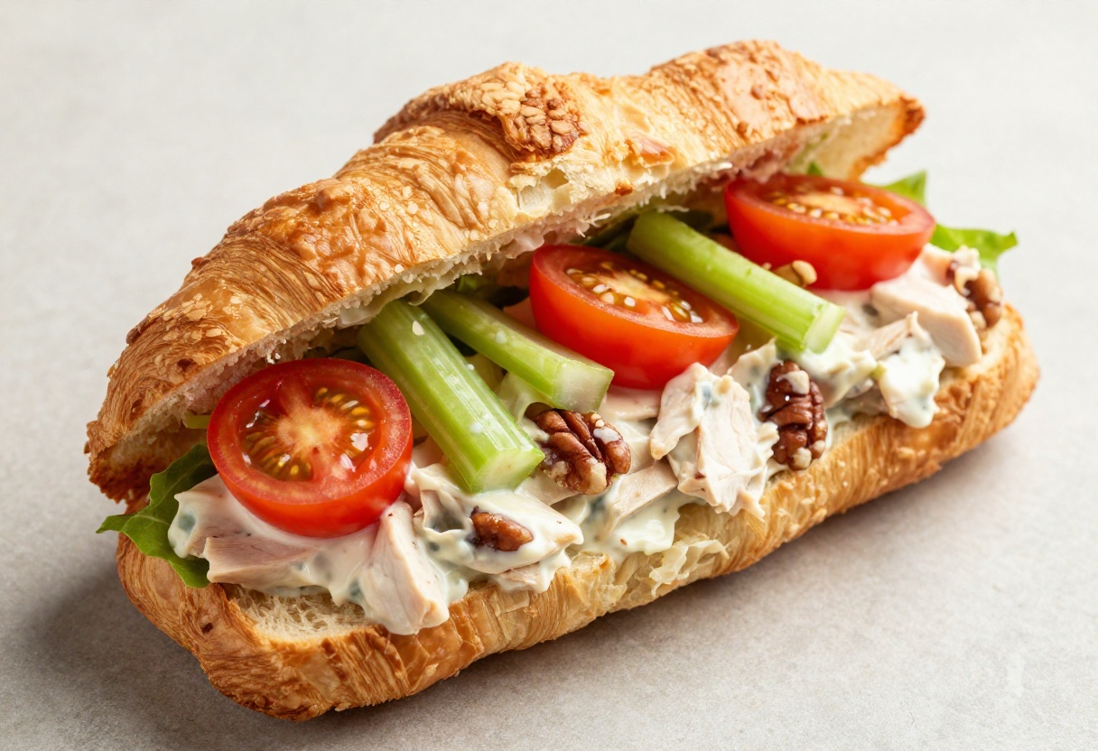 Classic Carol chicken salad sandwich on a croissant with greens and tomatoes