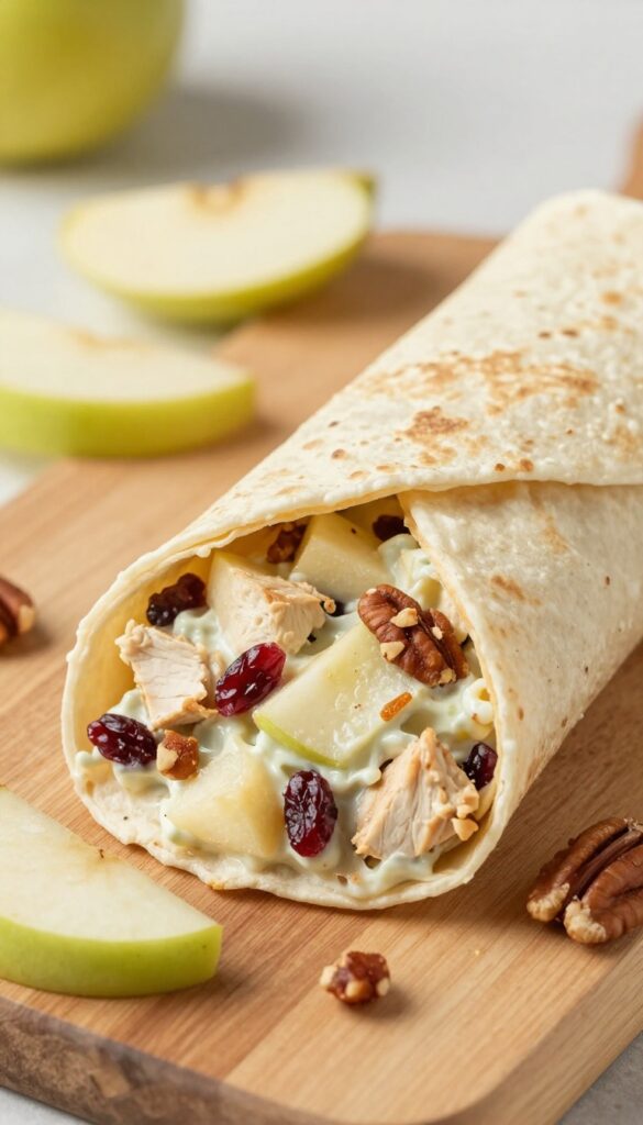 Apple pecan cranberry chicken salad wrap cut in half showing filling