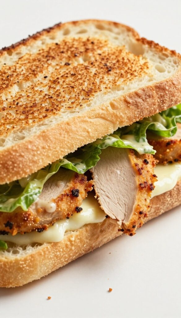 Crispy Chicken Caesar Panini sandwich cut in half, showing golden breaded chicken, melted mozzarella, and romaine lettuce inside toasted ciabatta.