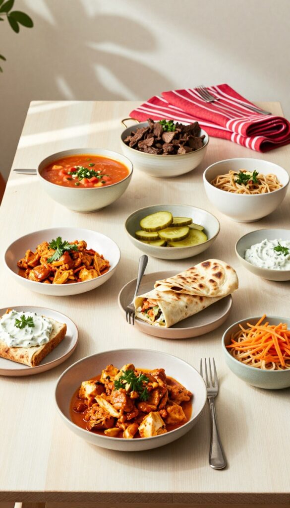 A table with various international dishes including chicken tikka masala, Korean beef bowls, minestrone soup, gyro wraps, and Thai peanut noodles, styled for a family dinner.