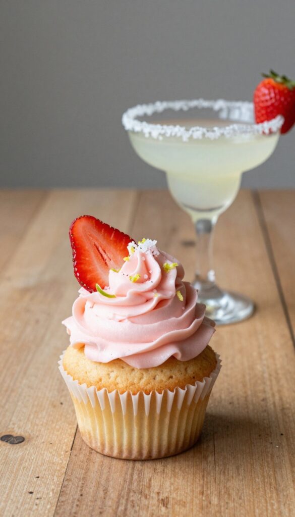 Strawberry margarita cupcake with lime buttercream, strawberry slice, sea salt, and lime zest on a wooden table with a margarita glass.