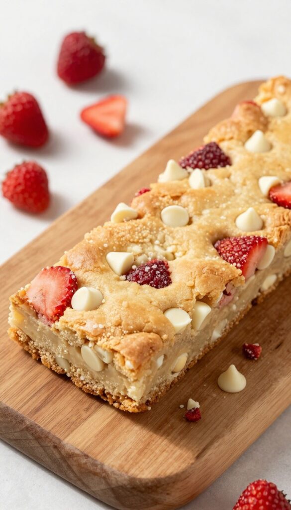 Golden-brown blondie bar with white chocolate chips and freeze-dried strawberries on a wooden board