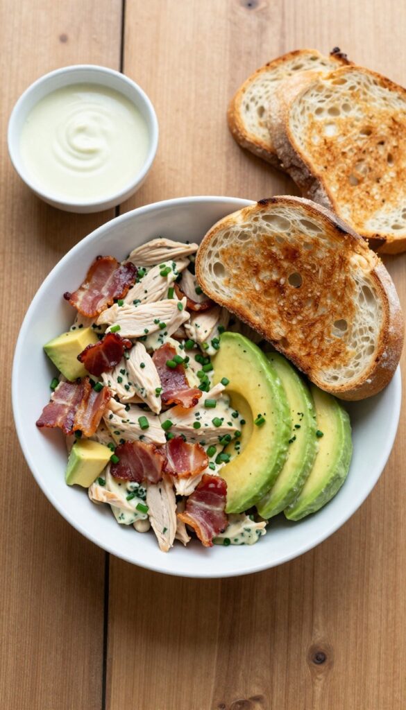 Creamy chicken salad with bacon, avocado, and chives in a bowl on a wooden table with toast