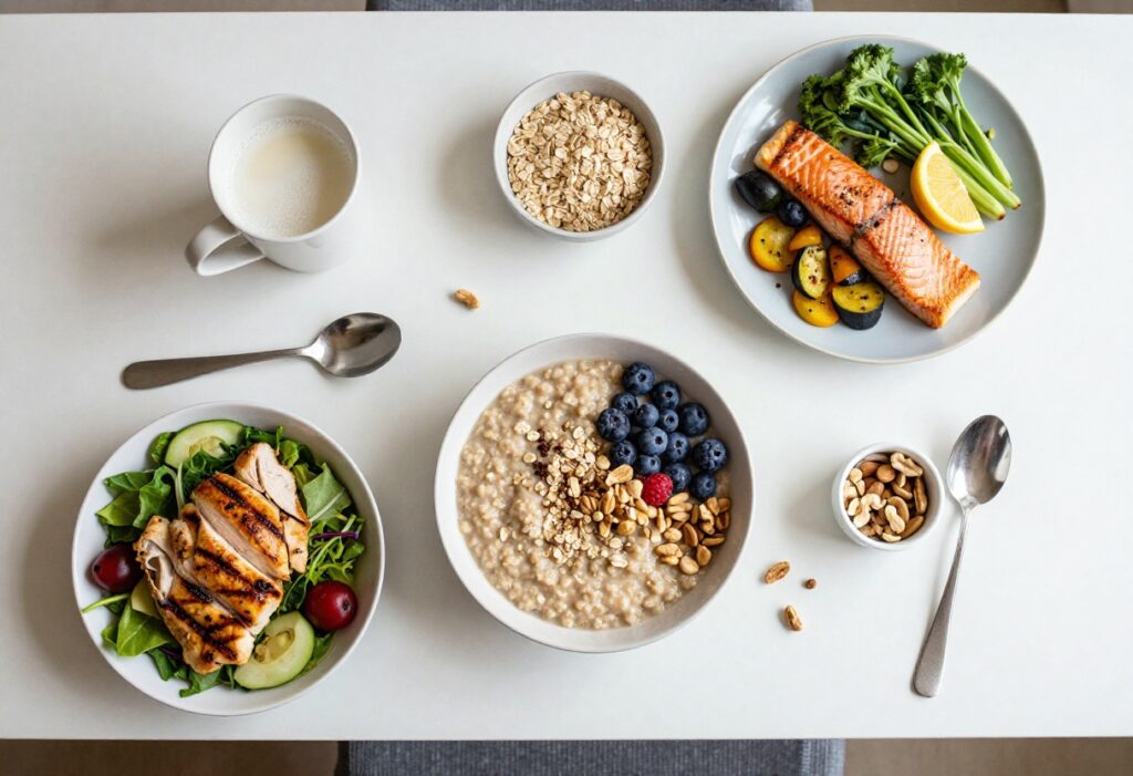 Balanced meals on a table representing a 2000 calorie meal plan for women