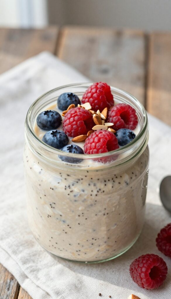 Overnight oats in a glass jar topped with berries and chopped almonds on a wooden table in natural light