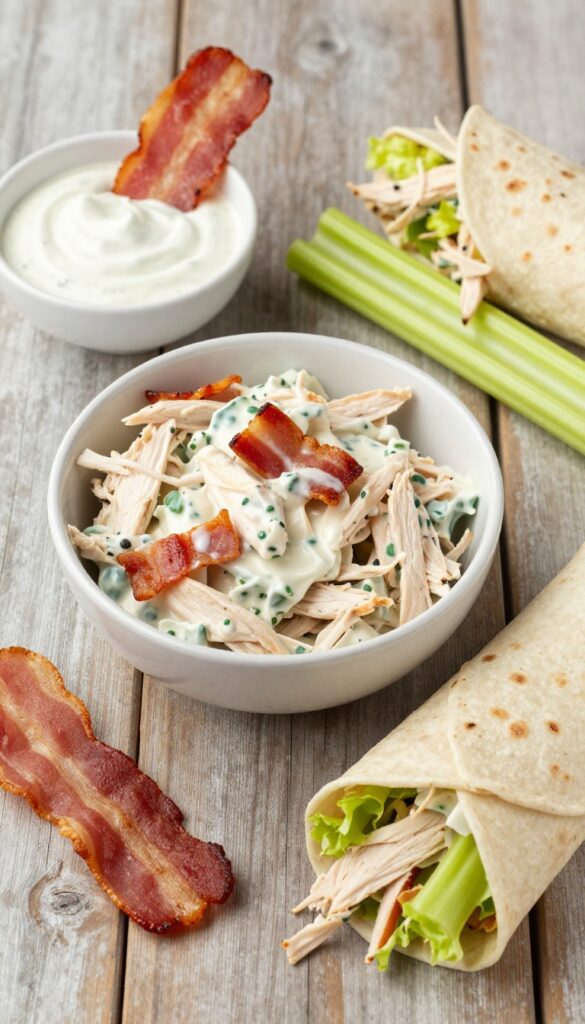 Ranch chicken salad with bacon and celery in a bowl, with tortilla wrap and fresh ingredients on a wooden table.