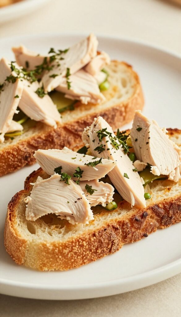 Side view of chicken salad on toasted sourdough bread, with fresh herbs on the plate.